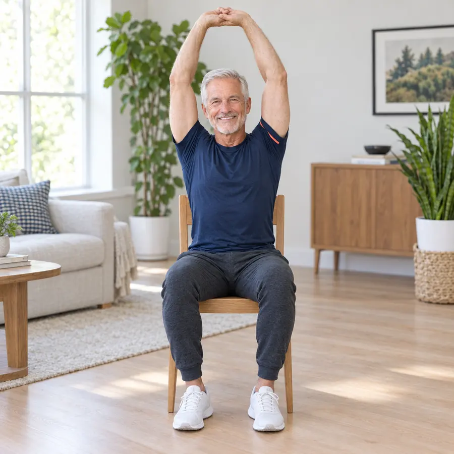 An older adult smiling during a seated stretch at home